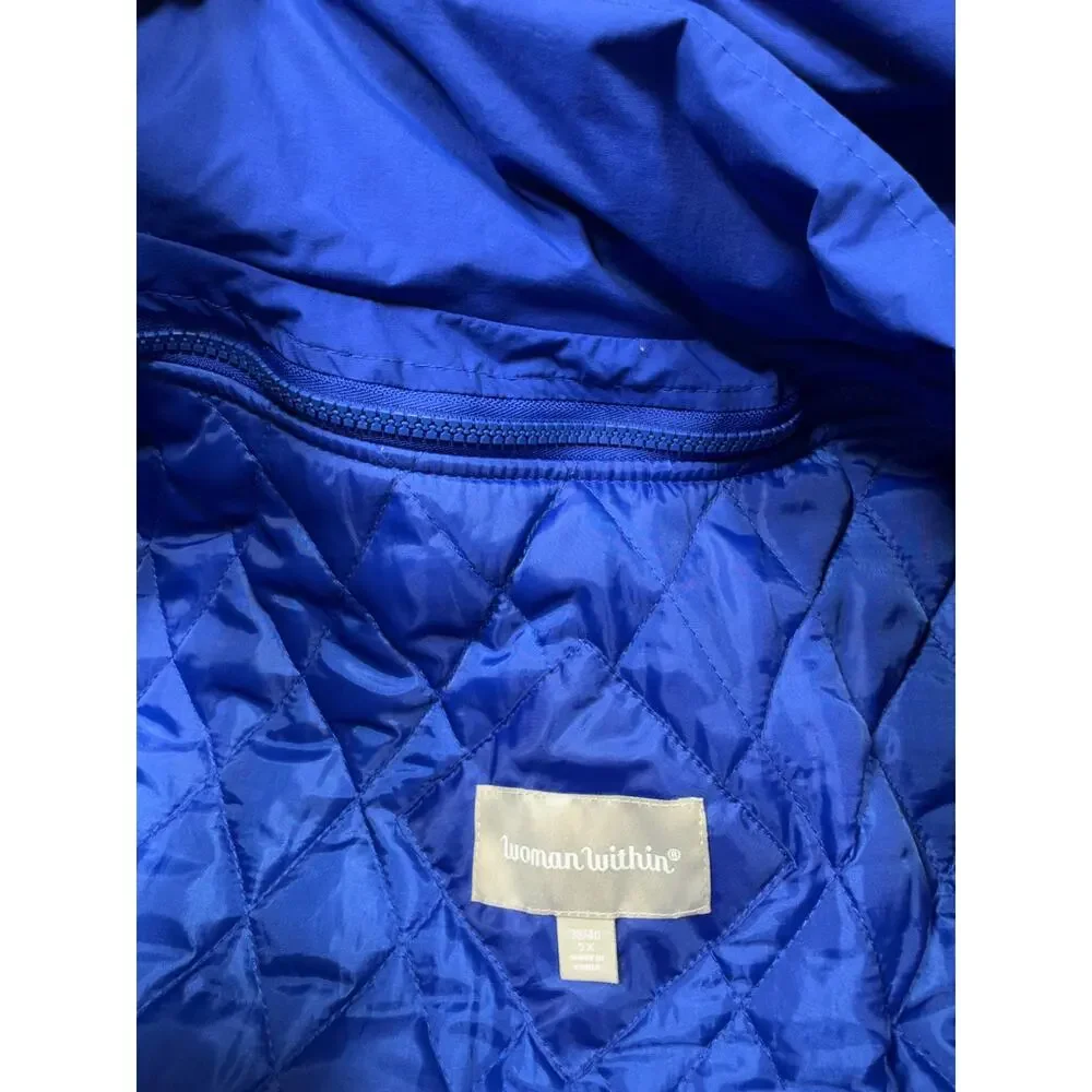 Woman Within Plus Sz Parka Sz 5X 38/40 Blue Full Zip Faux Fur Hood Quilted Liner
